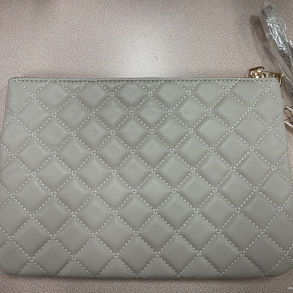 Badgley Mischka Gray Quilted 10.5  inch Clutch With Gold Accents 7inch Deep. New - Picture 2 of 8